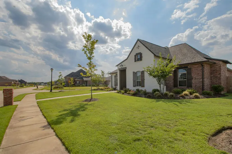 New brick and painted-brick homes with shingle roofs along a sunny suburban sidewalk